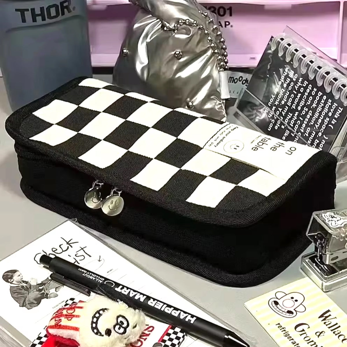 2 Pcs Checkerboard Pencil Case Set Canvas Large Capacity