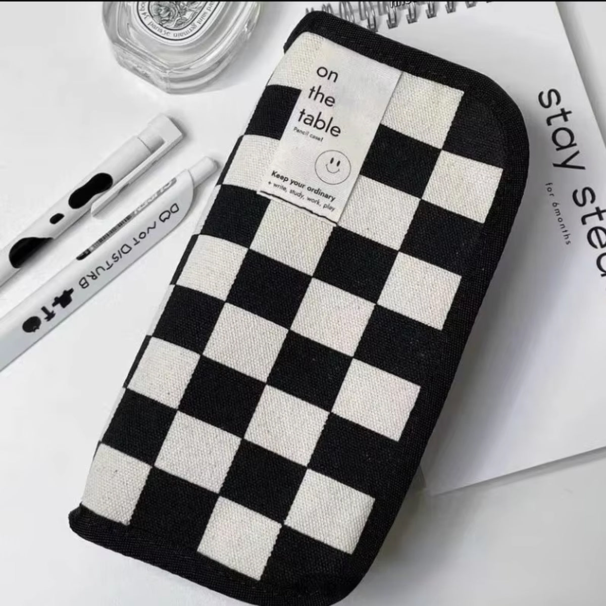 2 Pcs Checkerboard Pencil Case Set Canvas Large Capacity