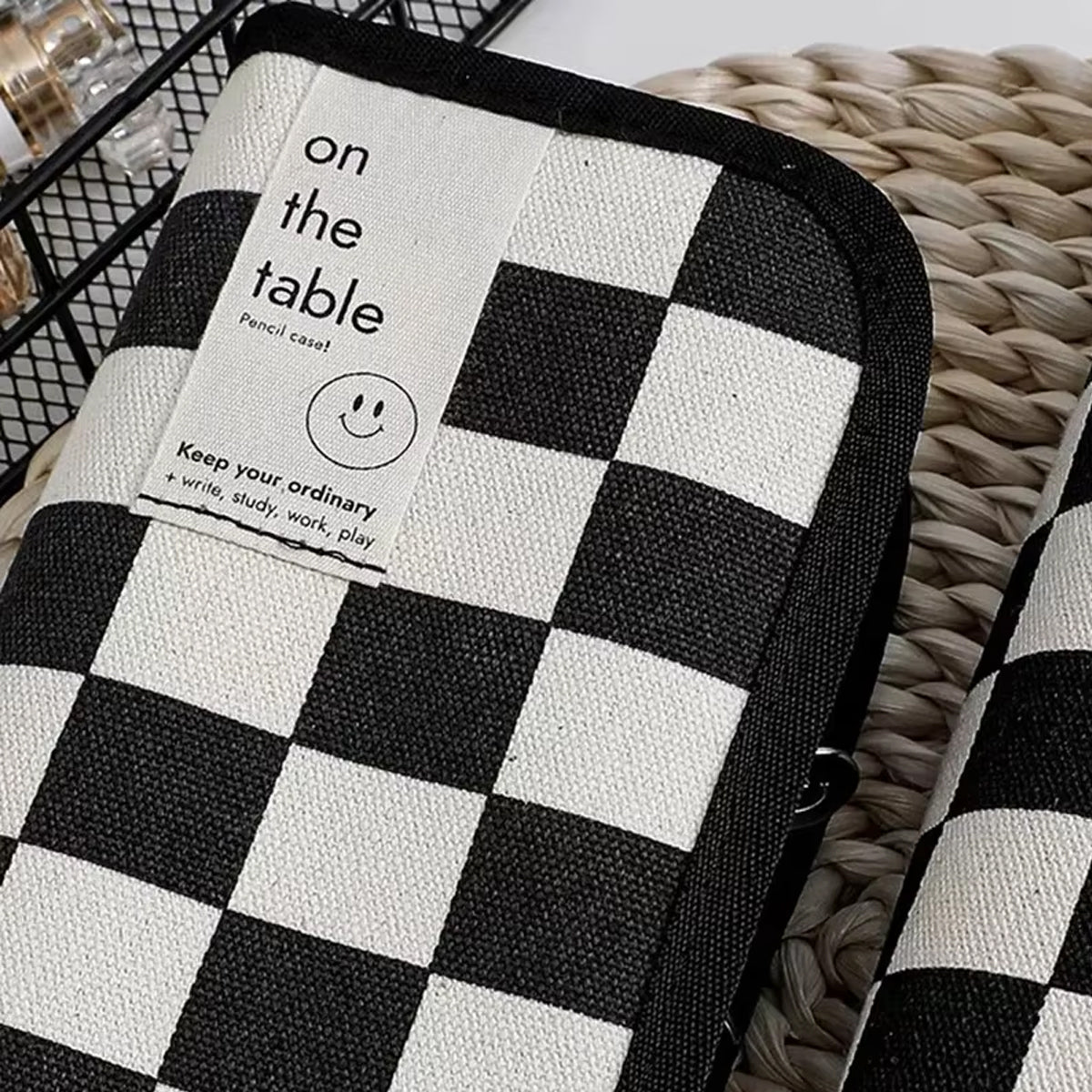2 Pcs Checkerboard Pencil Case Set Canvas Large Capacity