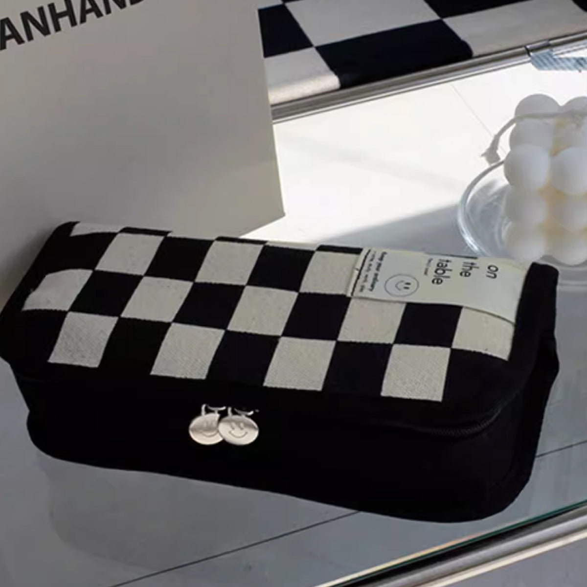 2 Pcs Checkerboard Pencil Case Set Canvas Large Capacity