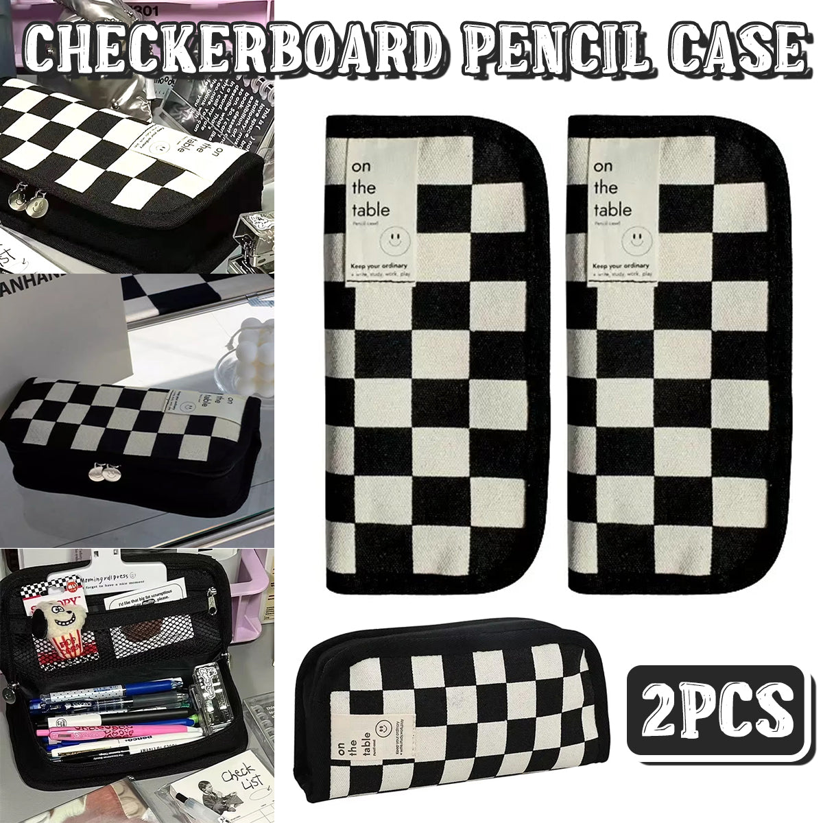 2 Pcs Checkerboard Pencil Case Set Canvas Large Capacity