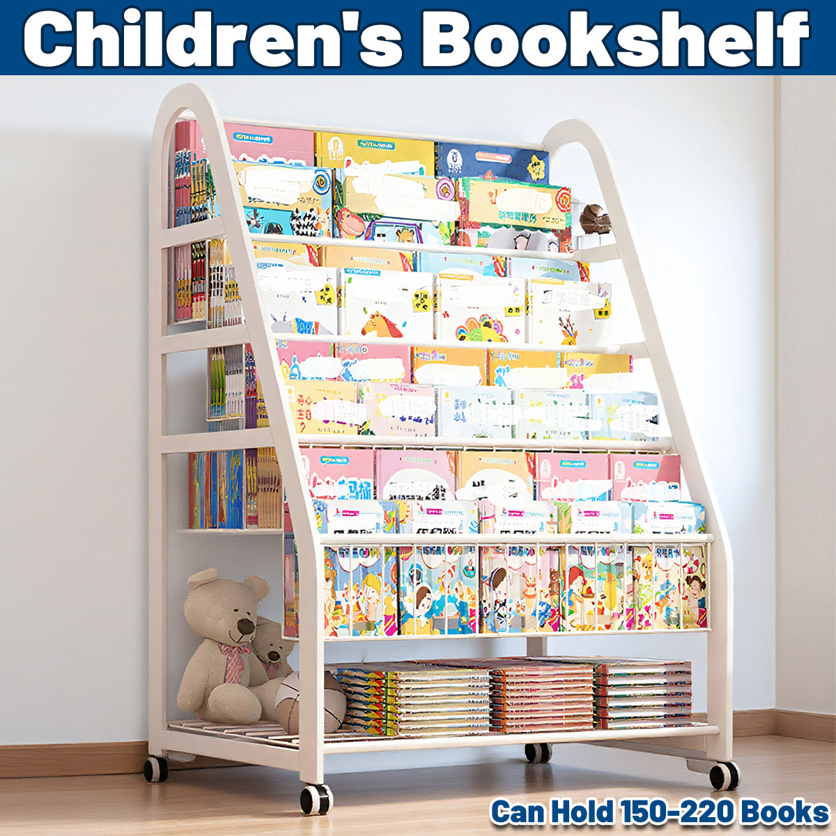 Kids Wooden Bookcase Multilayer Shelf with Wheels