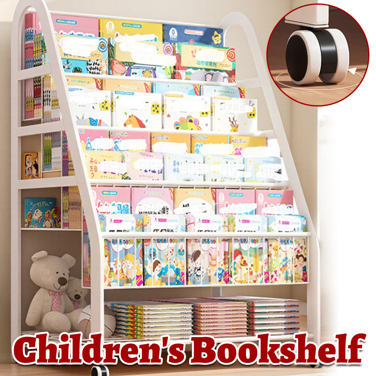 Kids Wooden Bookcase Multilayer Shelf with Wheels