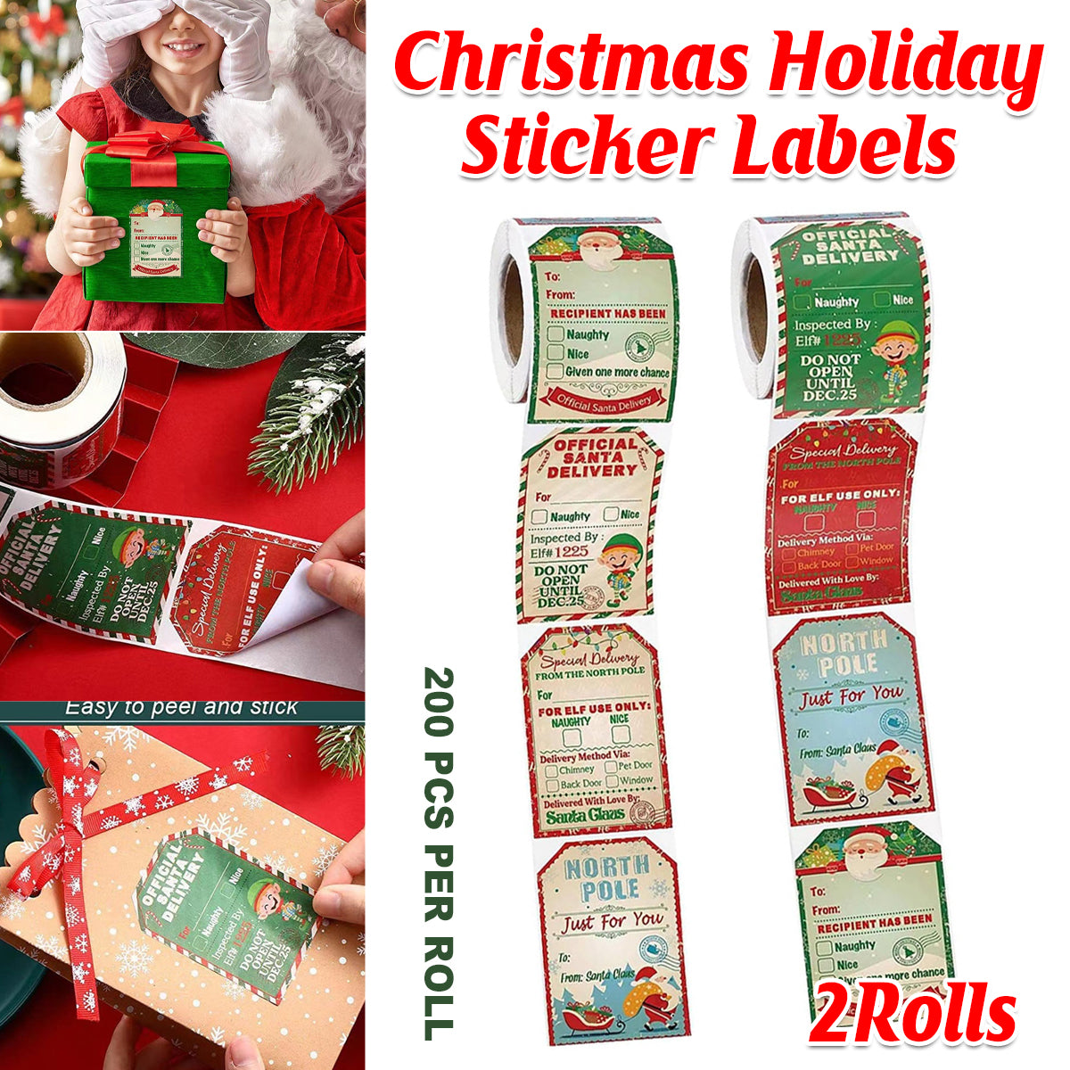 2 Rolls Christmas Stickers Labels Festive Santa Multicolour