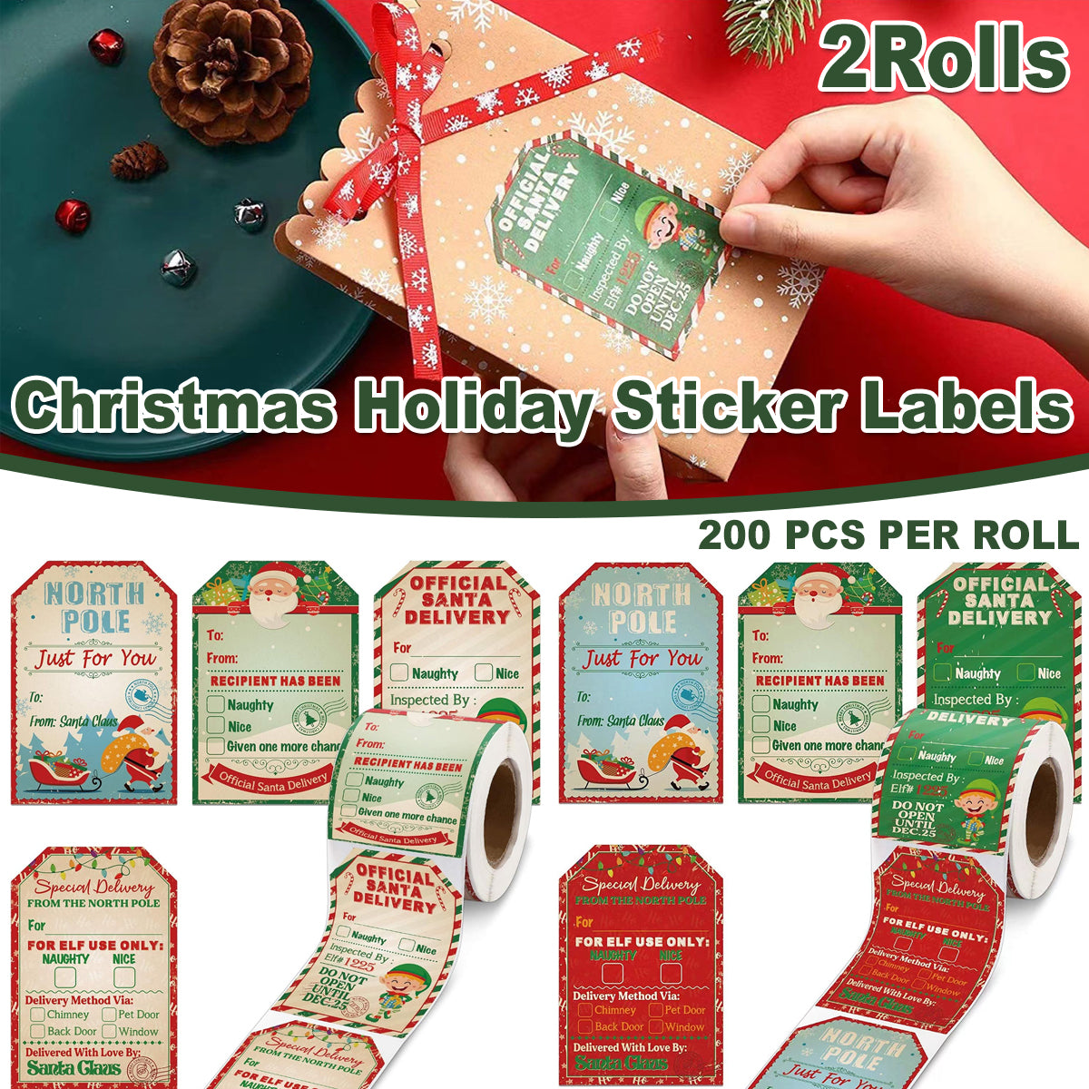 2 Rolls Christmas Stickers Labels Festive Santa Multicolour