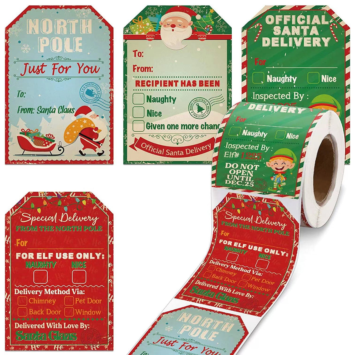 2 Rolls Christmas Stickers Labels Festive Santa Multicolour