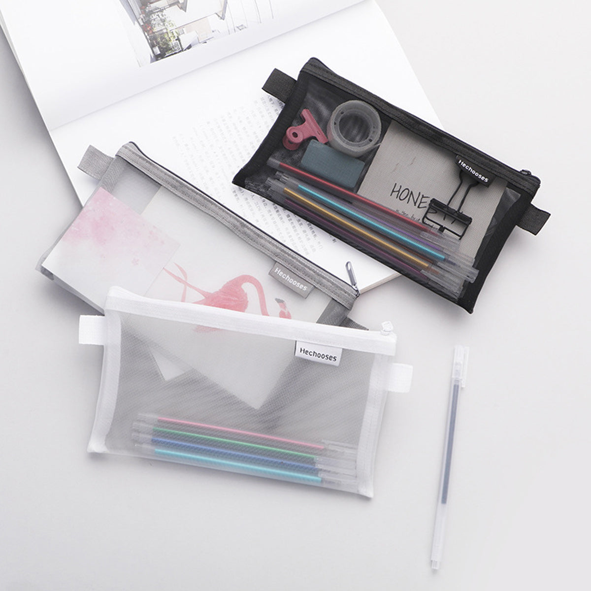 10 Pcs Clear Mesh Pencil Pouches Nylon Transparent 3 Colours