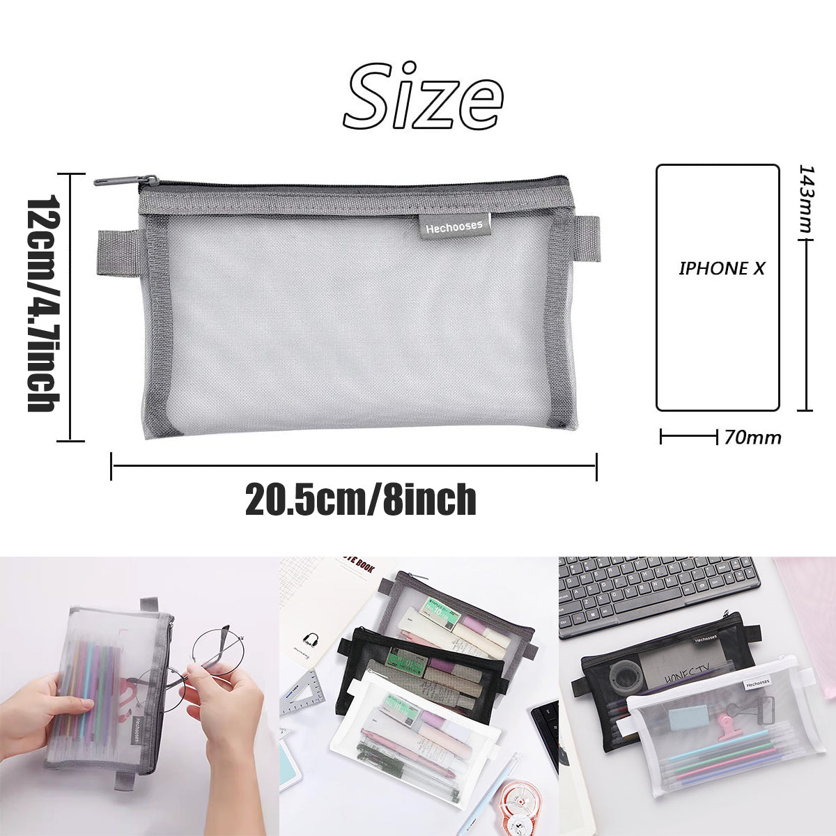10 Pcs Clear Mesh Pencil Pouches Nylon Transparent 3 Colours