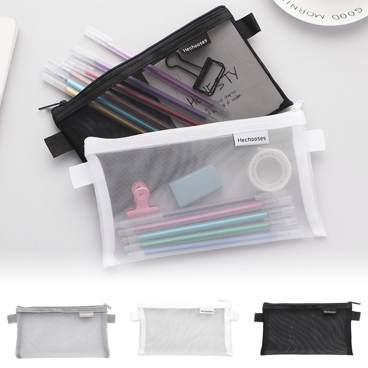 10 Pcs Clear Mesh Pencil Pouches Nylon Transparent 3 Colours