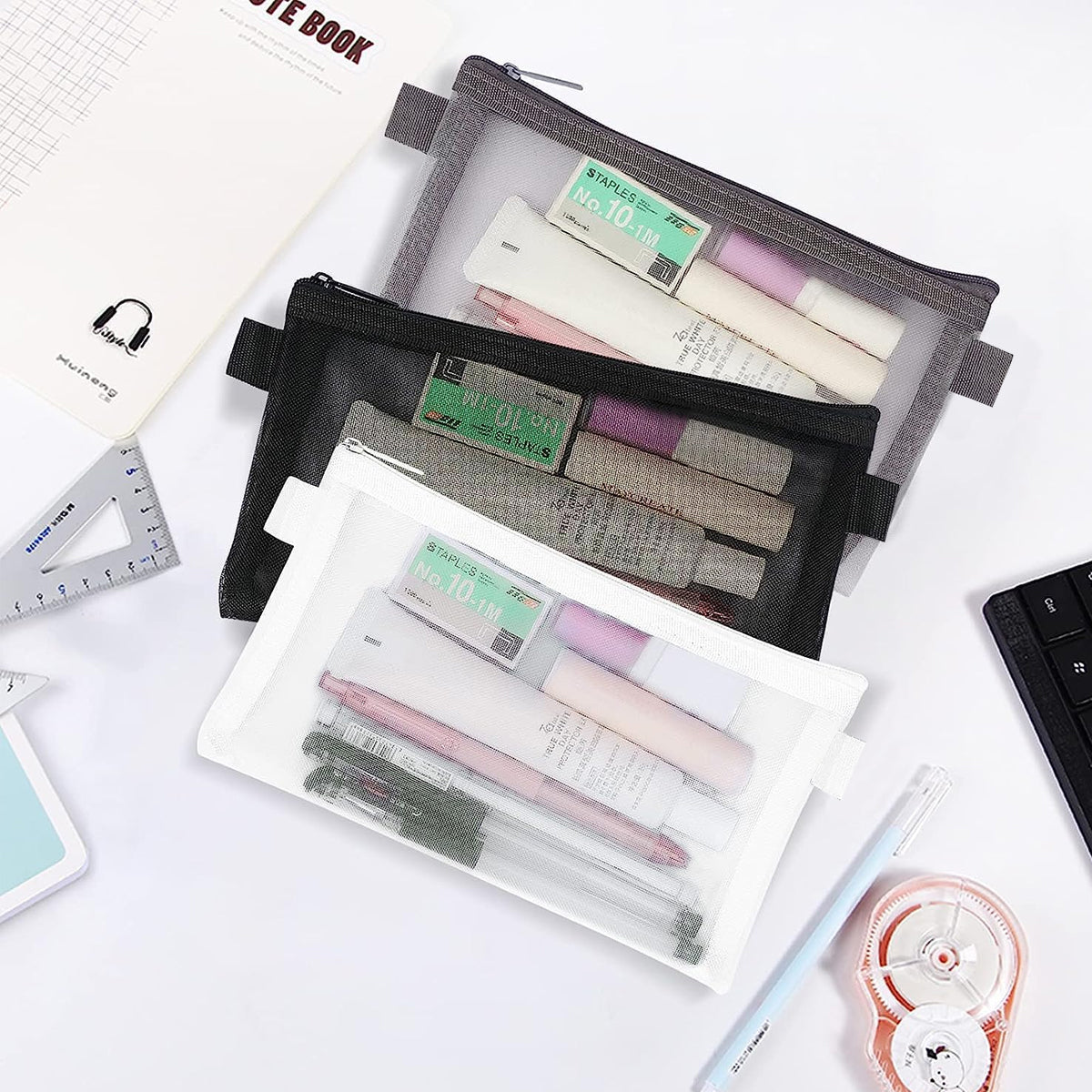 10 Pcs Clear Mesh Pencil Pouches Nylon Transparent 3 Colours