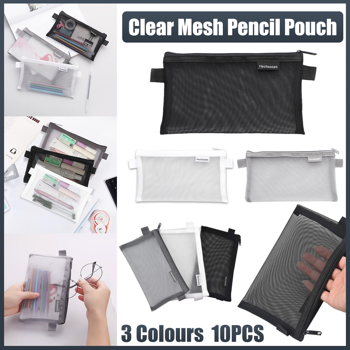 10 Pcs Clear Mesh Pencil Pouches Nylon Transparent 3 Colours