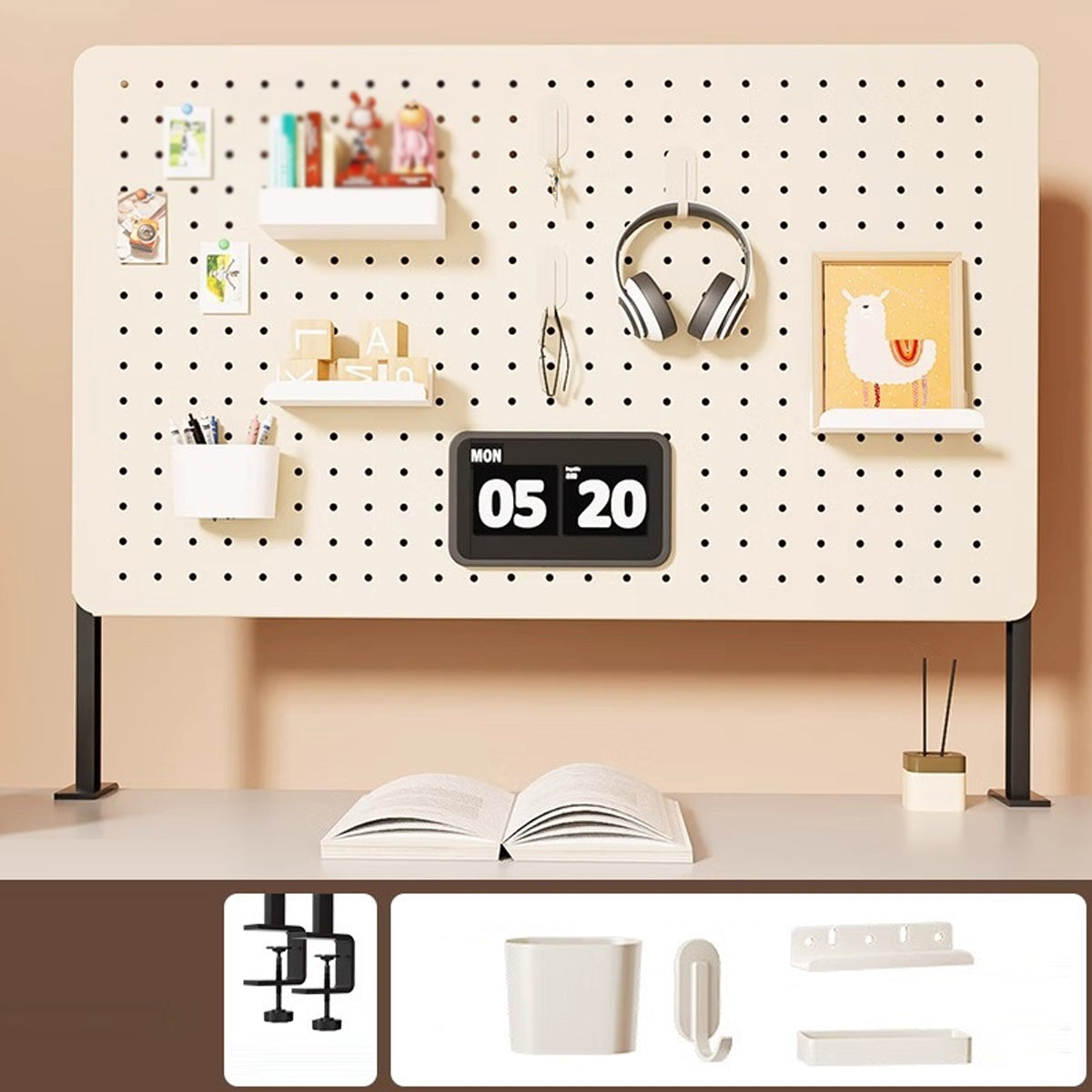 Desktop Pegboard Storage Shelf with Clip-On Mount