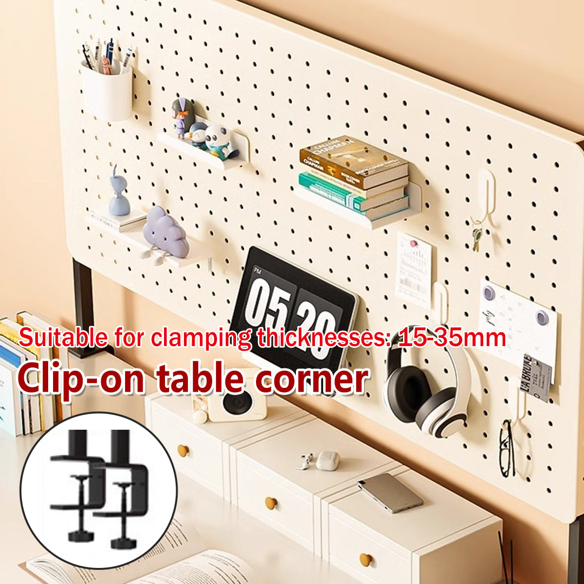 Desktop Pegboard Storage Shelf with Clip-On Mount