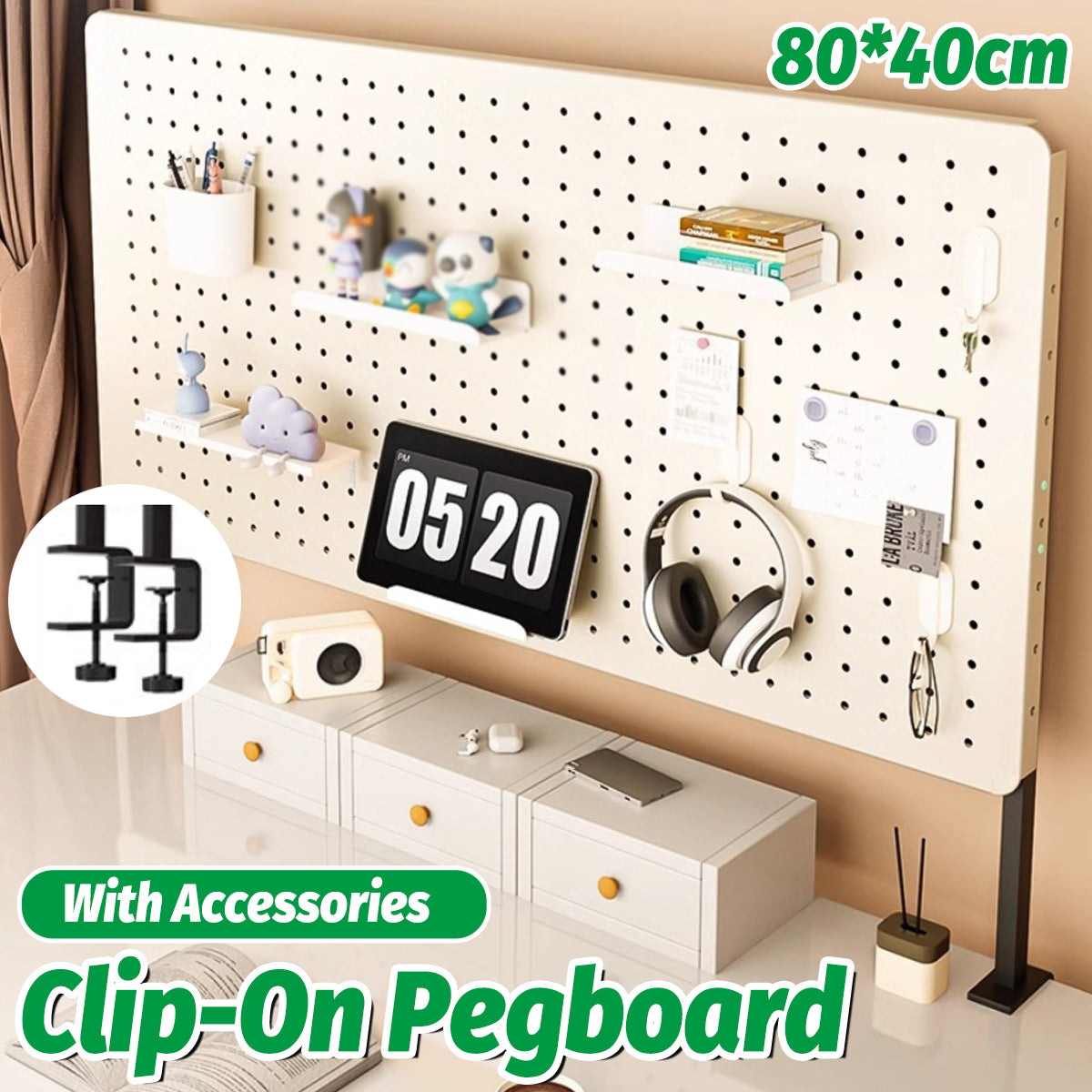 Desktop Pegboard Storage Shelf with Clip-On Mount