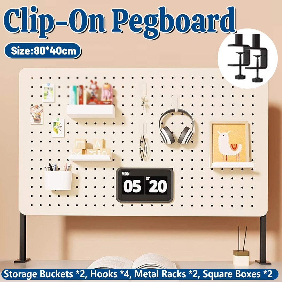 Desktop Pegboard Storage Shelf with Clip-On Mount