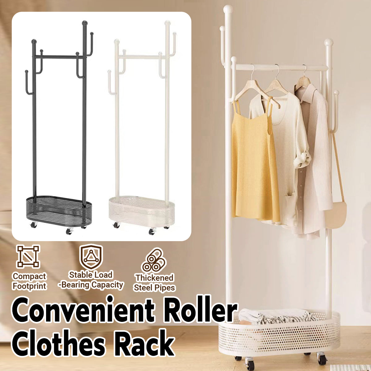 Portable Floor Coat Rack with Wheels for Bedroom