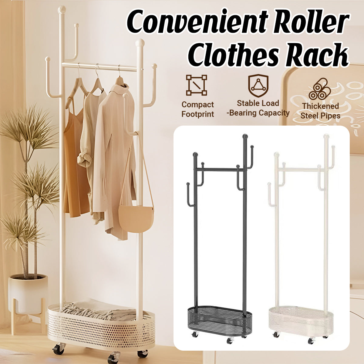 Portable Floor Coat Rack with Wheels for Bedroom