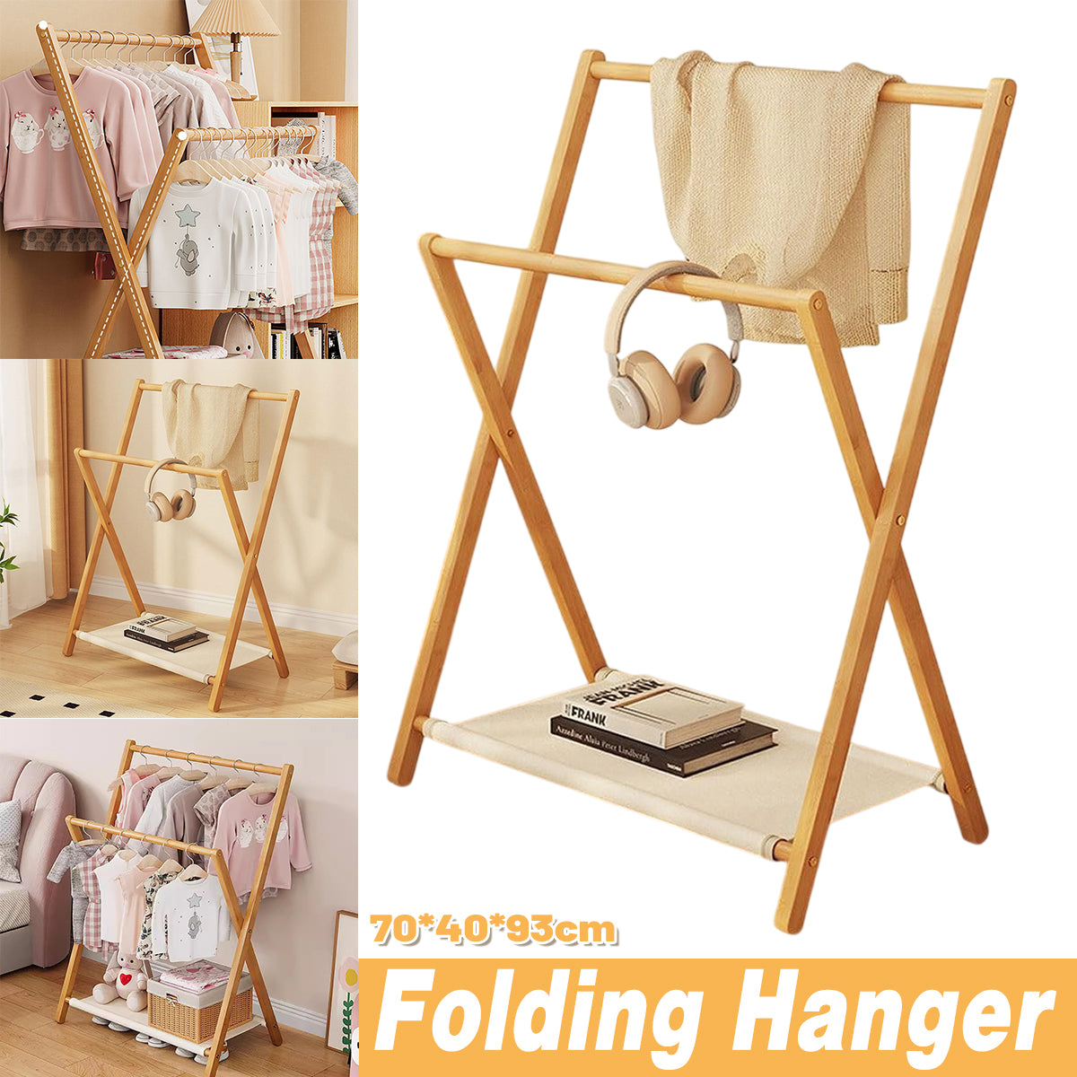 Foldable Bamboo Clothes Rack with Fabric Shelf