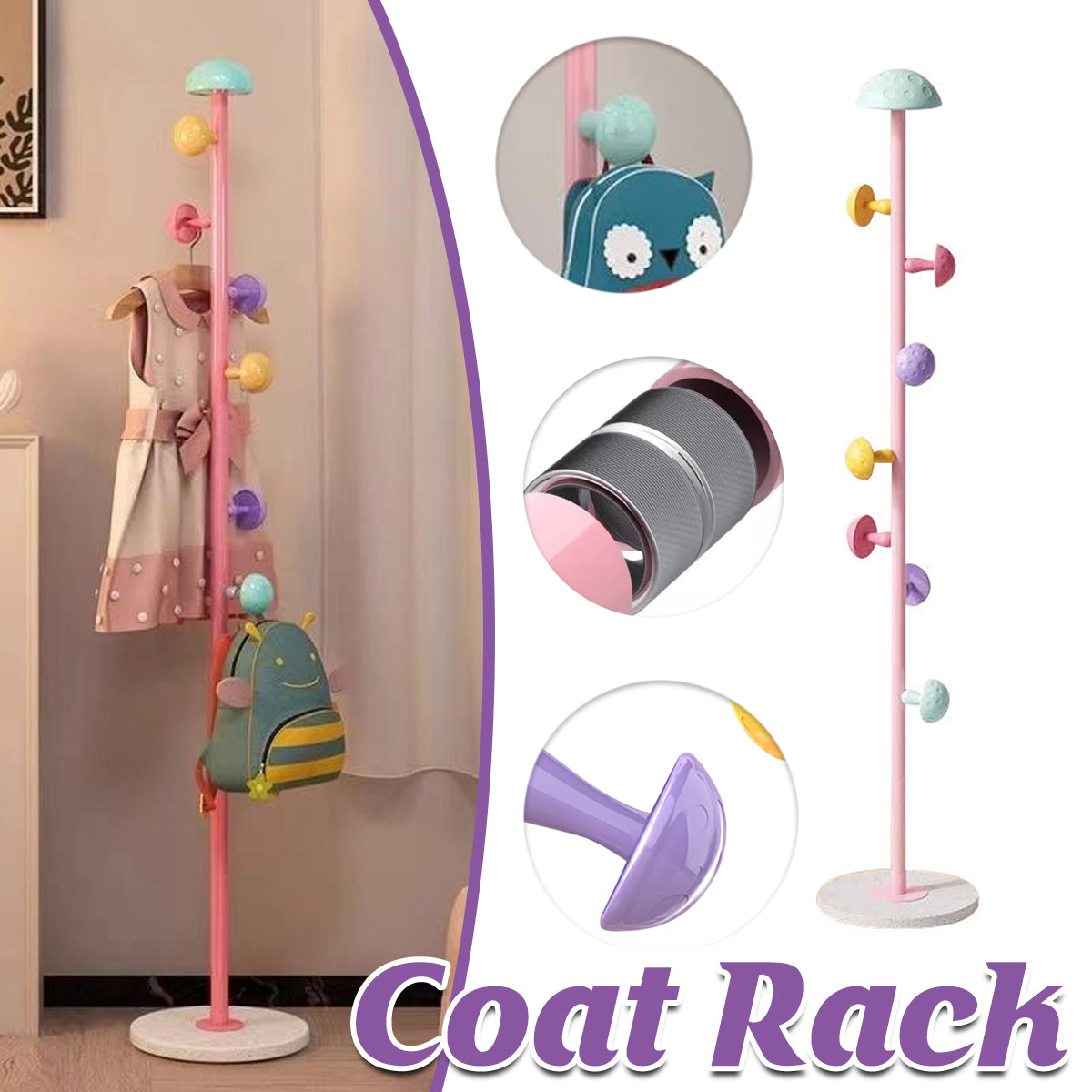 Kids Floor Coat Rack with Mushroom Hooks Bedroom