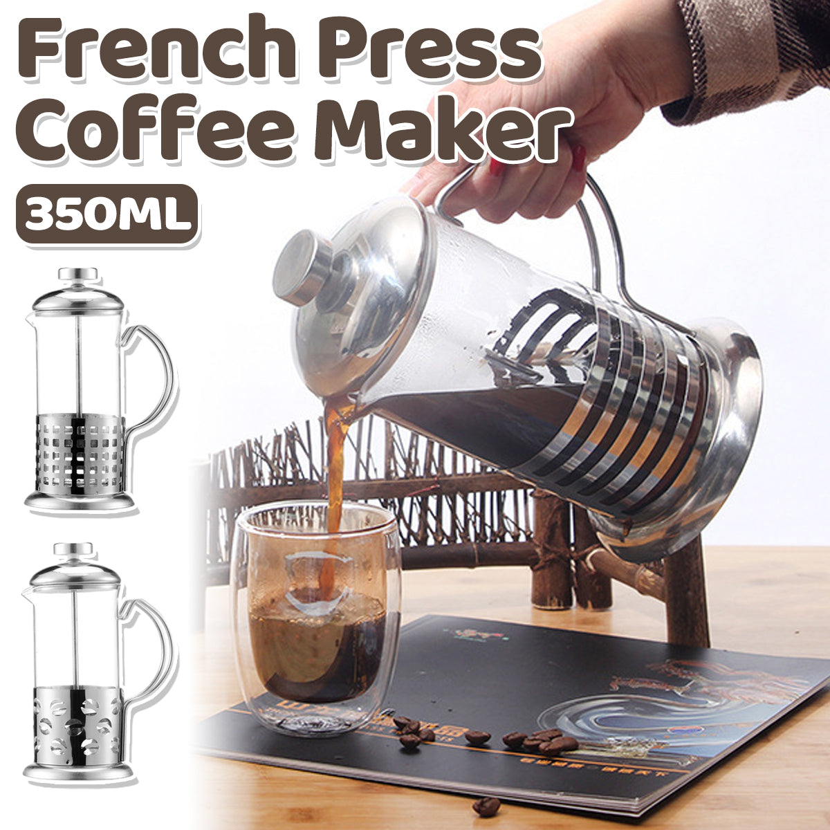 French Press Coffee Maker 350ml Borosilicate Glass
