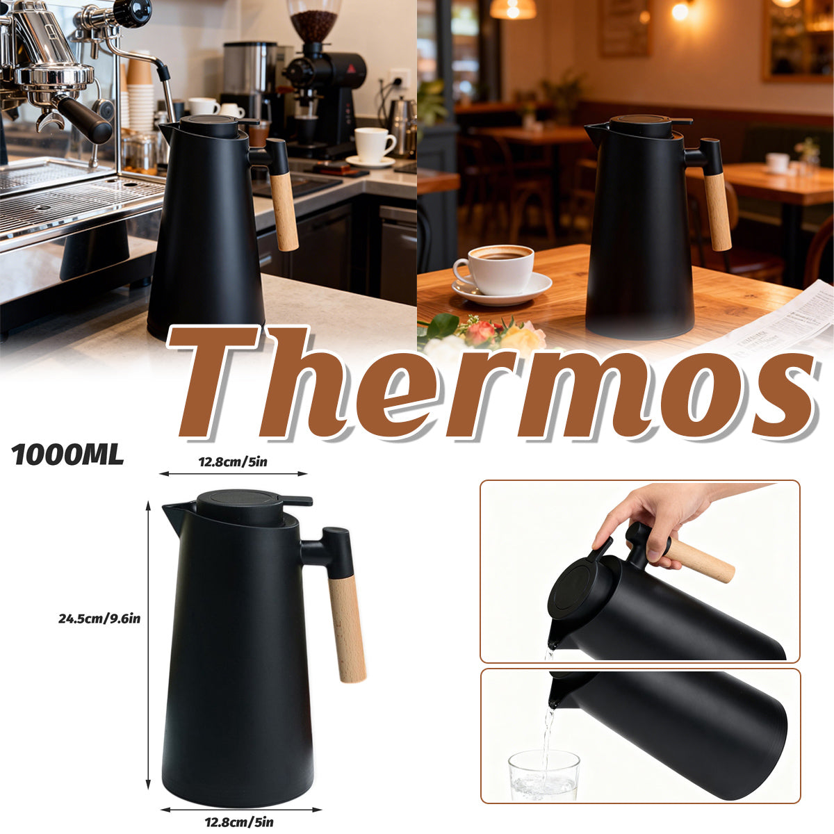 2pcs 1000ml Thermal Coffee Pots with Wooden Handle
