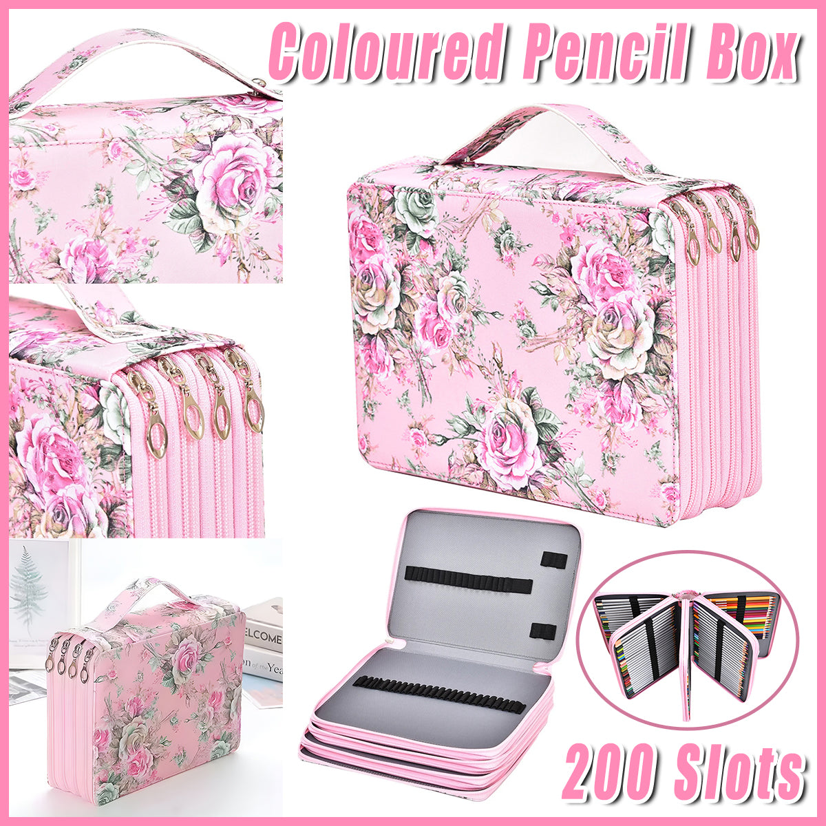 200-Slot Floral Pencil Case with Handle