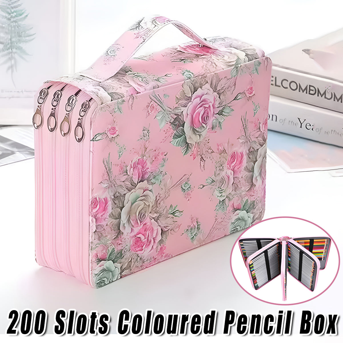 200-Slot Floral Pencil Case with Handle