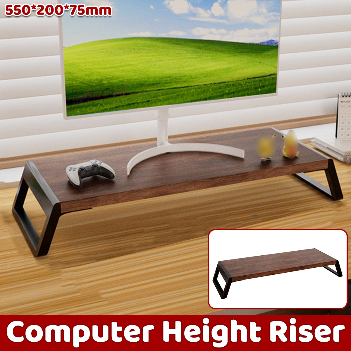 Computer Monitor Riser with Hidden Storage Wood Top Metal
