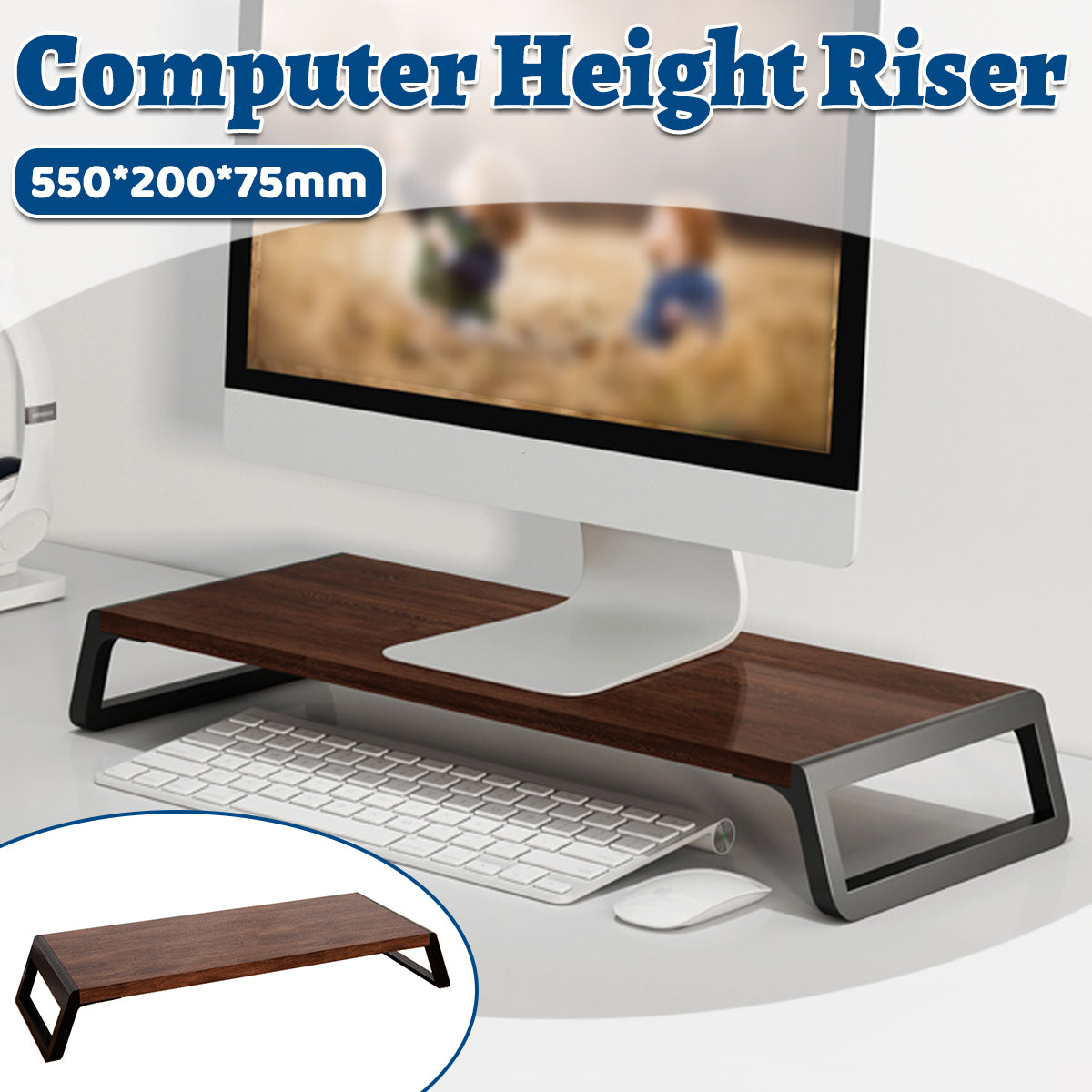 Computer Monitor Riser with Hidden Storage Wood Top Metal
