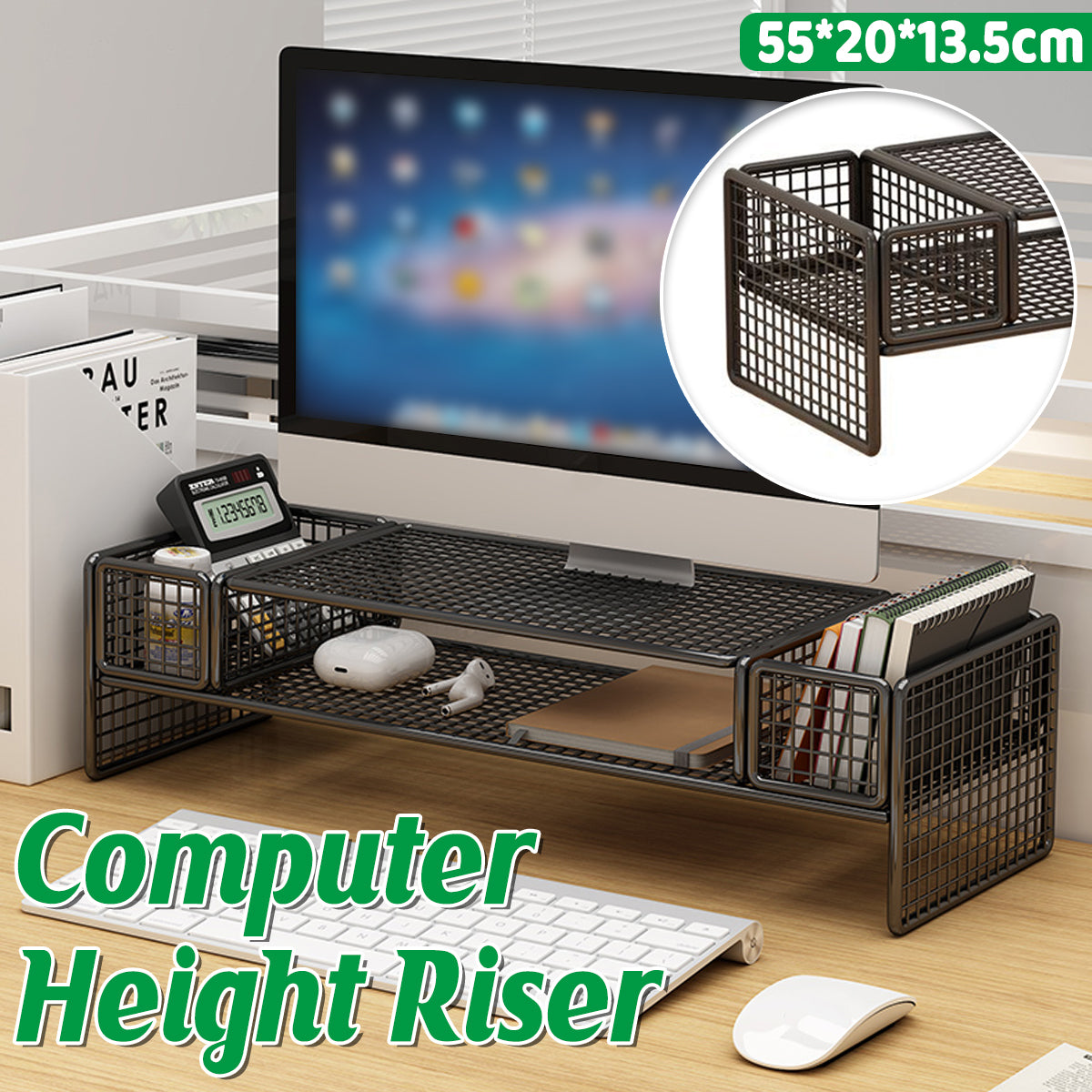 Monitor and Laptop Riser with Ventilated Black Metal Shelf
