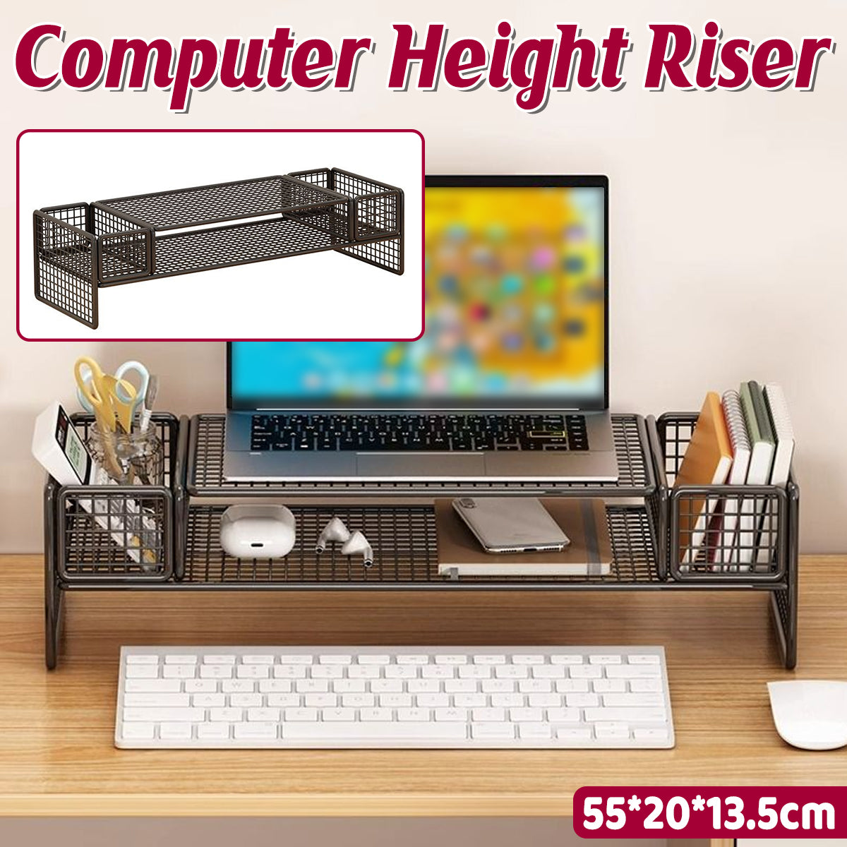 Monitor and Laptop Riser with Ventilated Black Metal Shelf