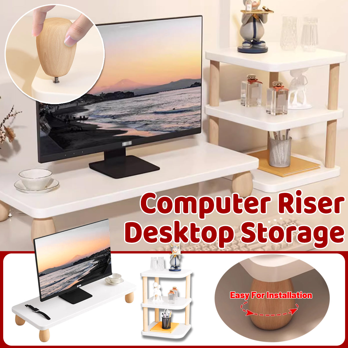 2 Pcs Monitor Riser and Desktop Storage Shelf MDF Beech Wood