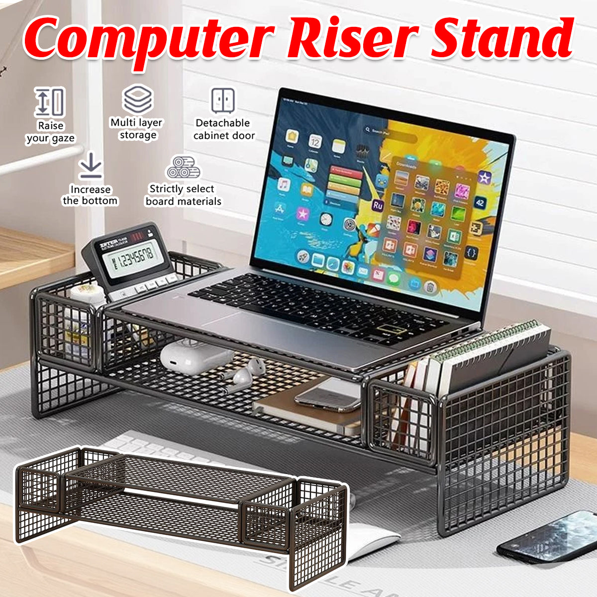 Monitor and Laptop Riser Stand with Storage Compartment