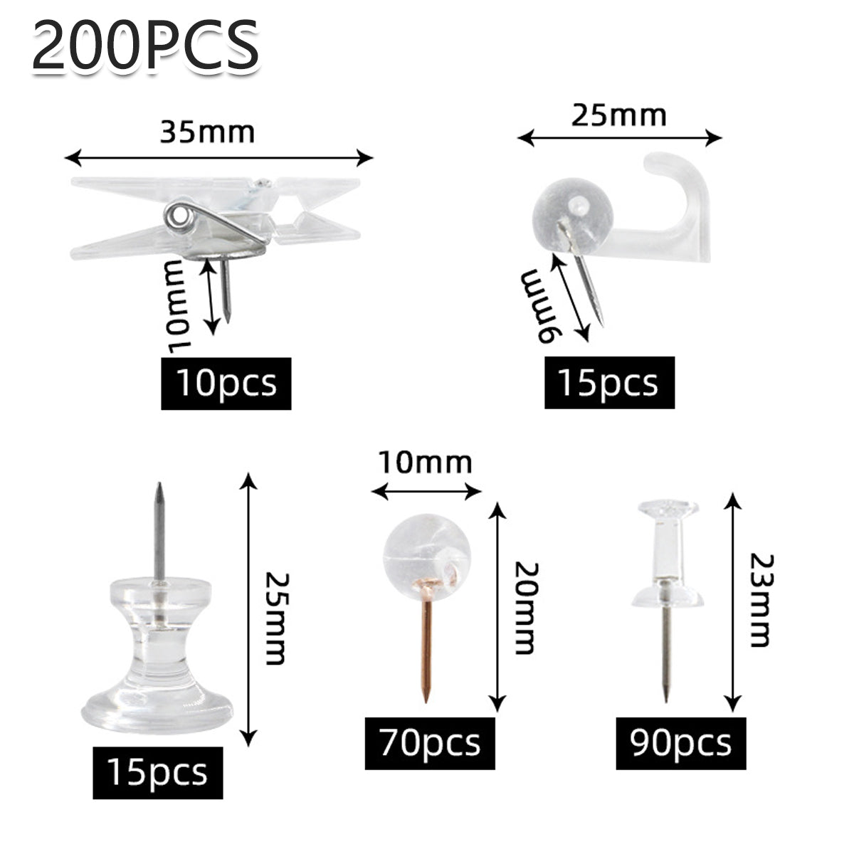 200 Pcs Office Bulletin Board Push Pins Set with Clips Pegs Hooks