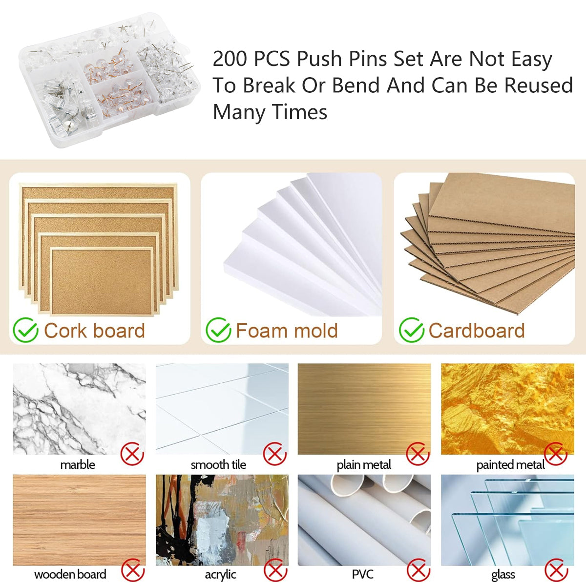 200 Pcs Office Bulletin Board Push Pins Set with Clips Pegs Hooks