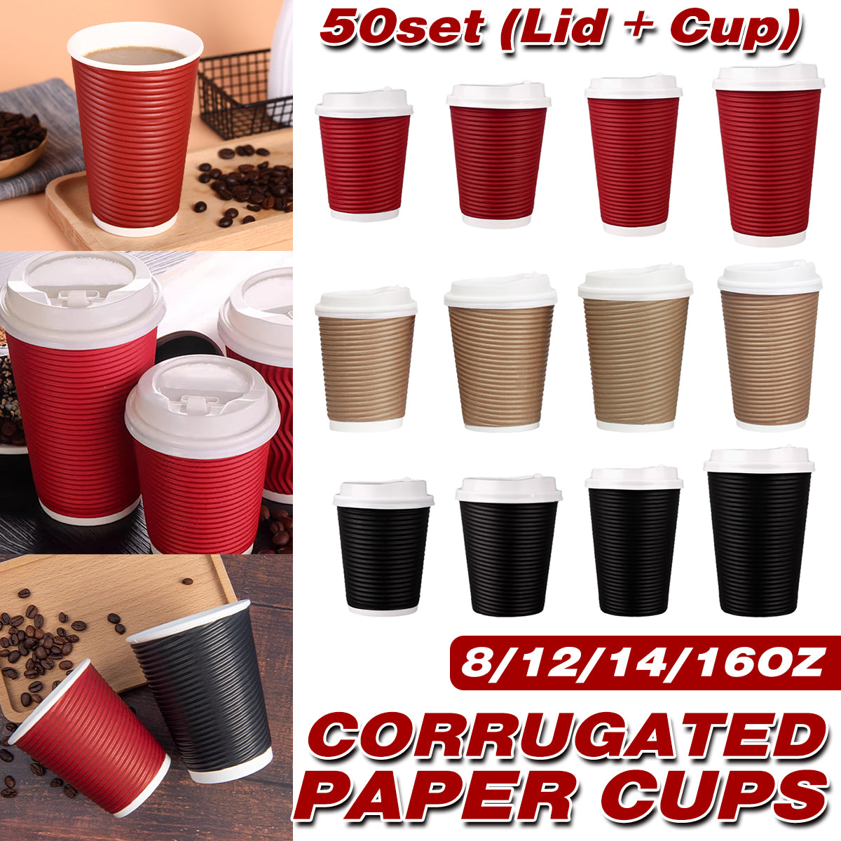 50 Sets Corrugated Paper Cups with Lids 4 Sizes