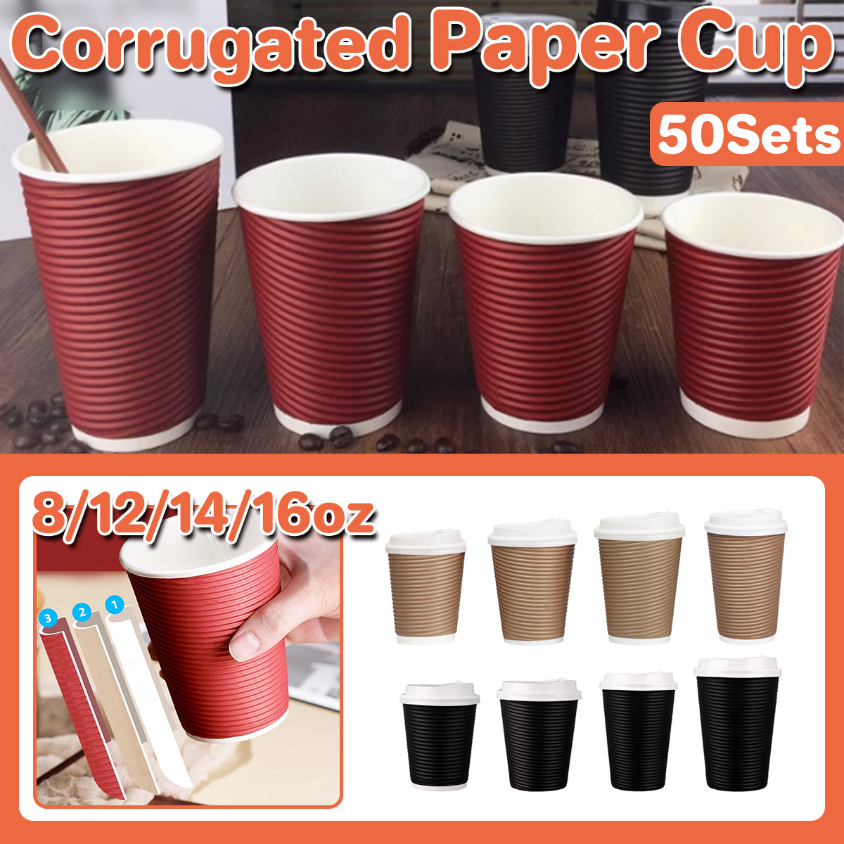 50 Sets Corrugated Paper Cups with Lids 4 Sizes