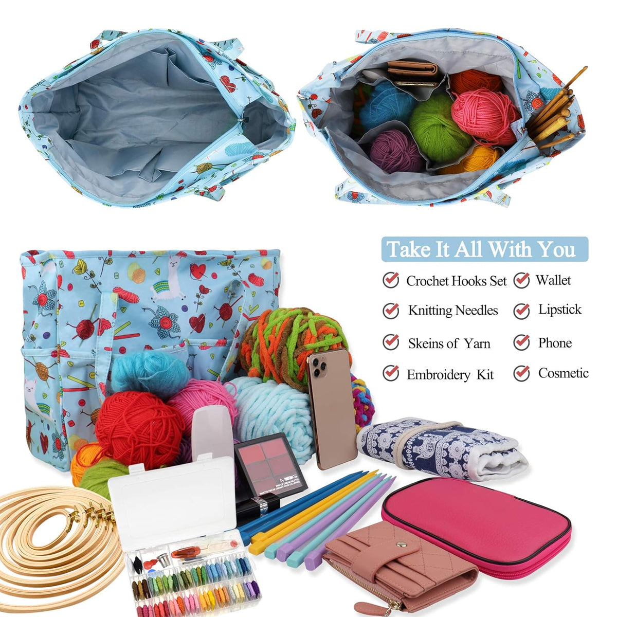 Crochet Yarn Storage Bag Blue Oxford Fabric Tote
