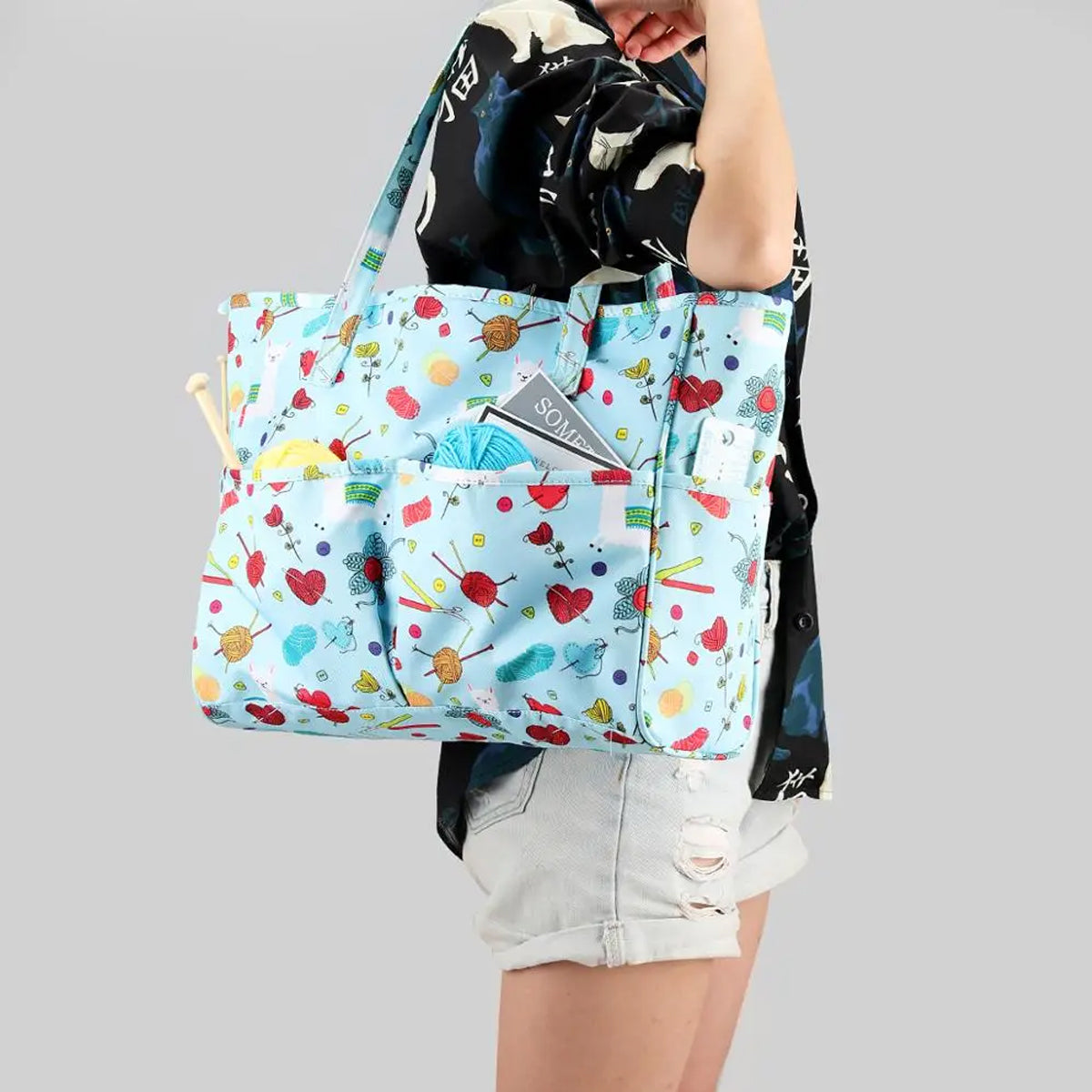 Crochet Yarn Storage Bag Blue Oxford Fabric Tote