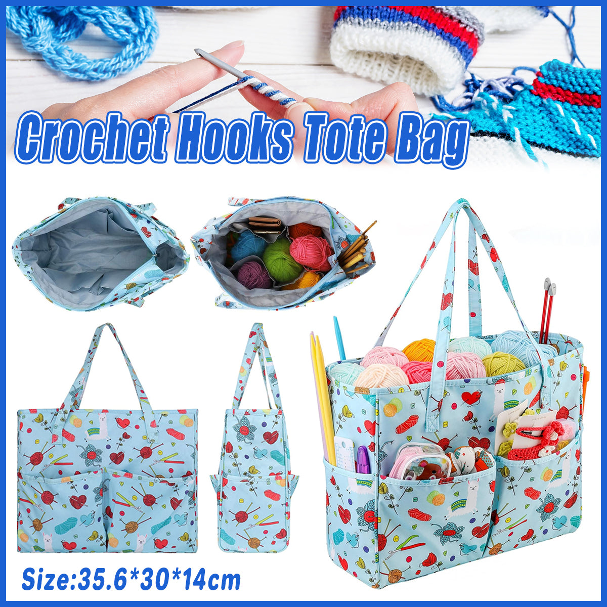 Crochet Yarn Storage Bag Blue Oxford Fabric Tote