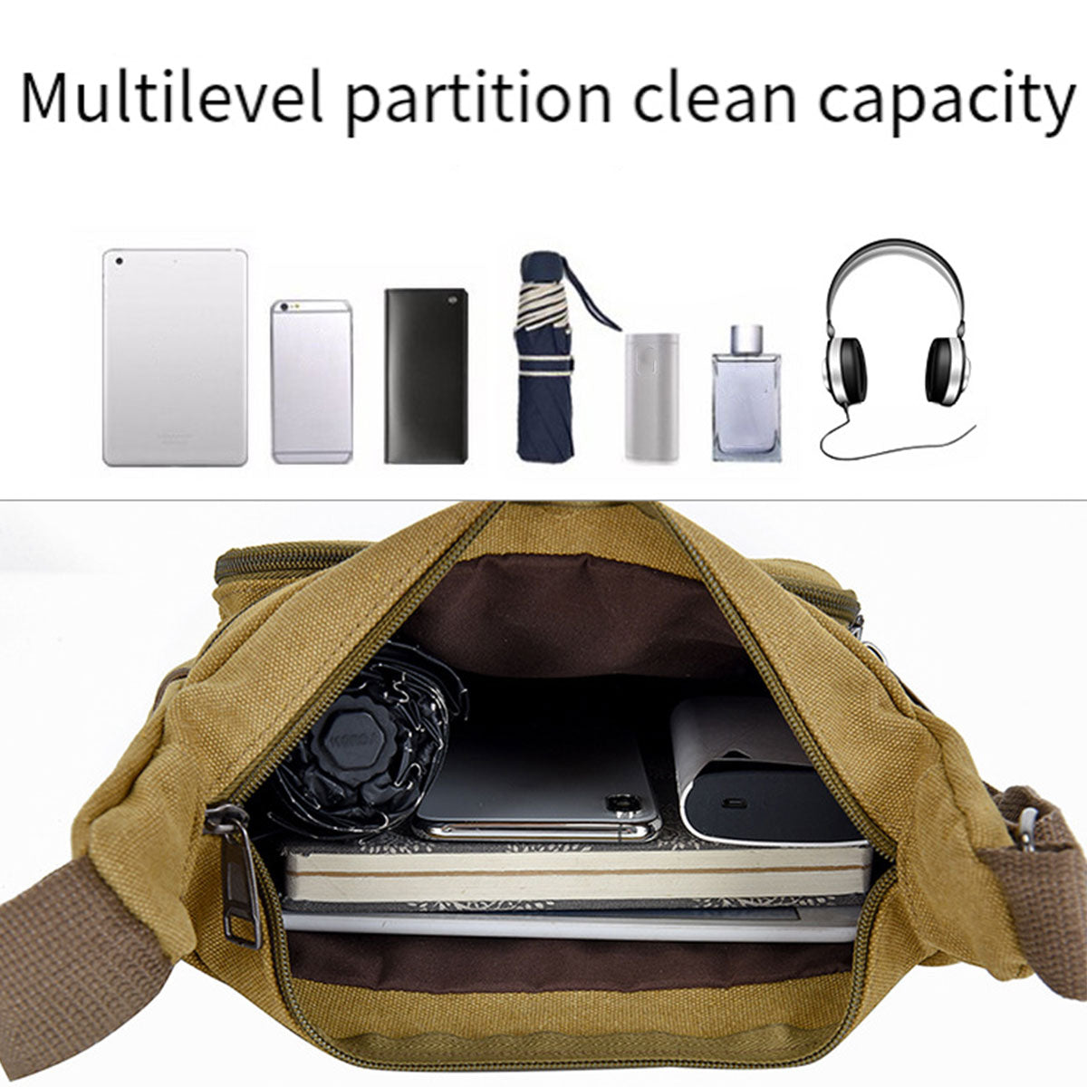 Multi-Layer Canvas Crossbody Messenger Bag