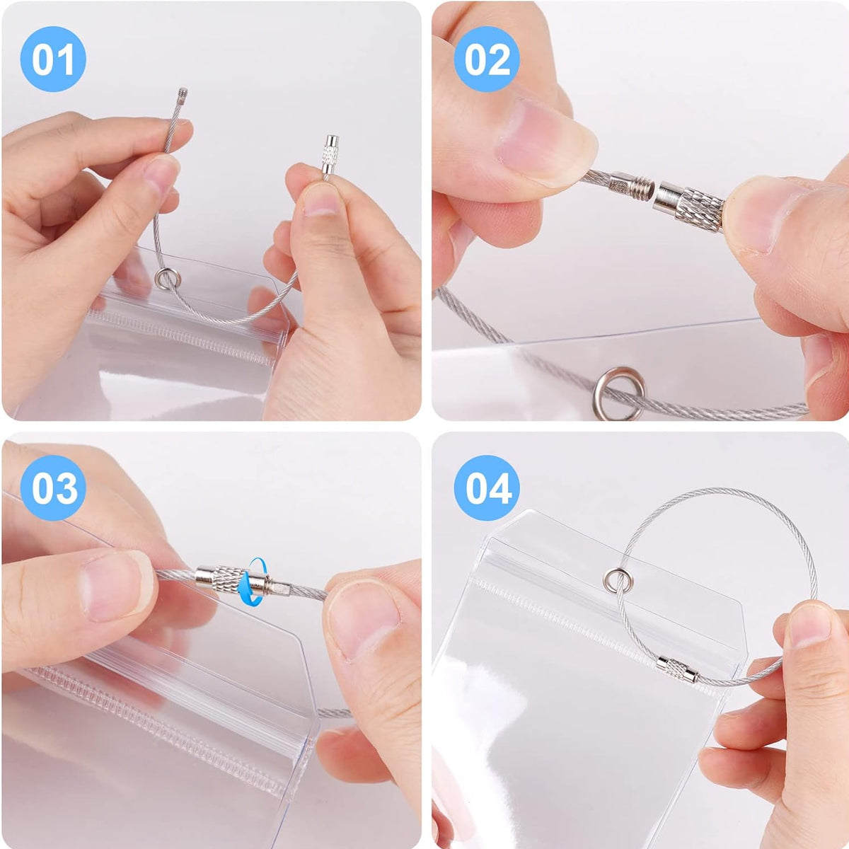 2 Pcs Clear PVC Luggage Tags with Zip Pouch Steel Wire Cable