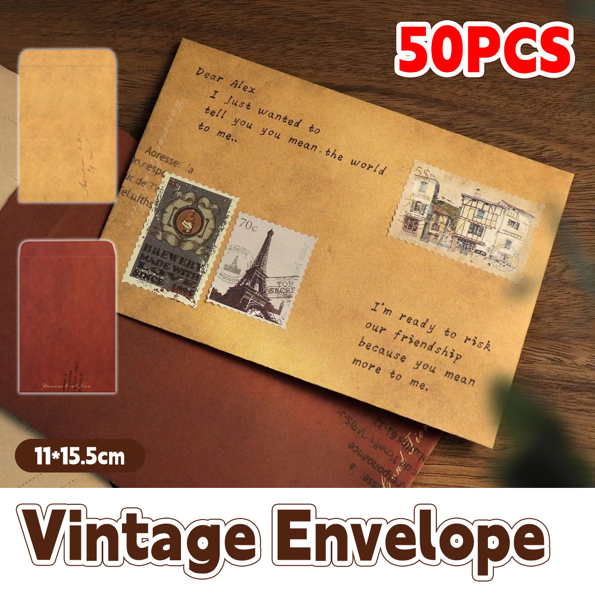 50 Pcs Vintage Kraft Paper Envelopes Self-Adhesive