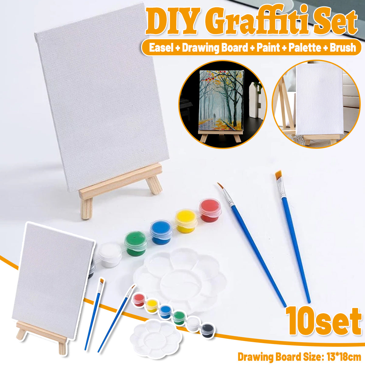 10 Sets Mini Easel DIY Art Kit with Canvas and Brushes