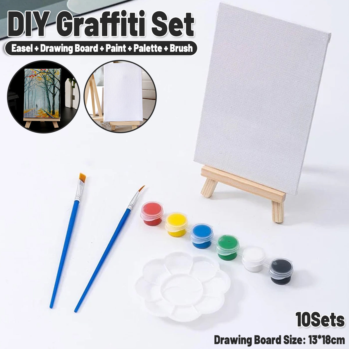 10 Sets Mini Easel DIY Art Kit with Canvas and Brushes