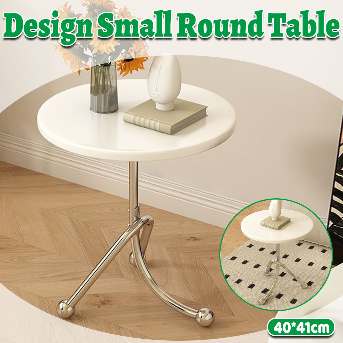Round Side Table Stainless Steel Frame with Rubber Wood Top