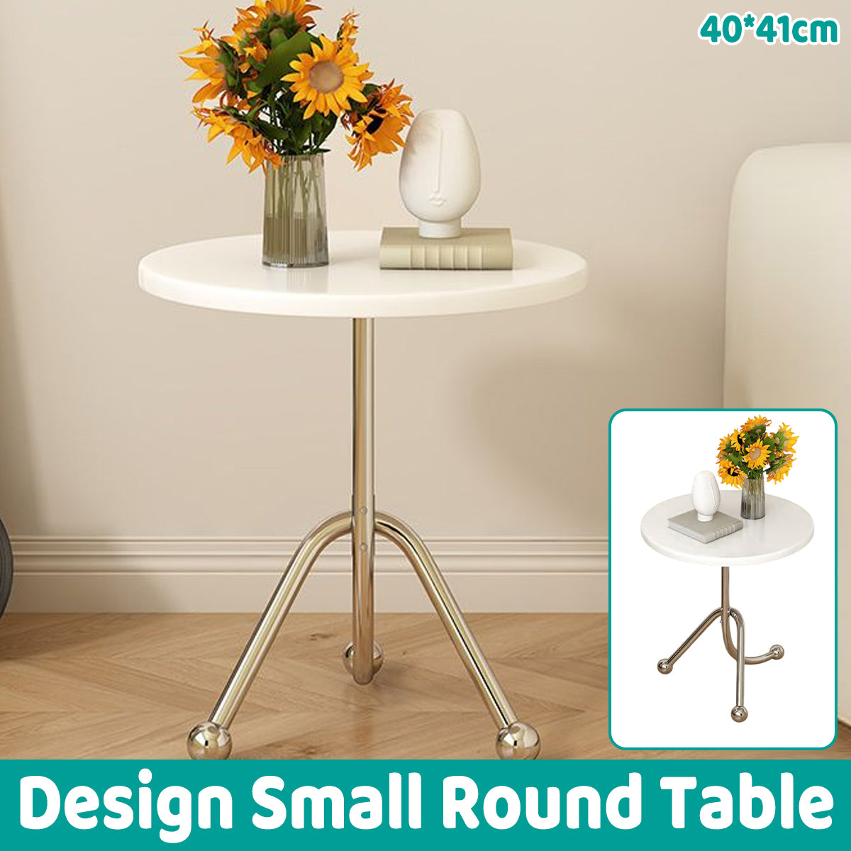 Round Side Table Stainless Steel Frame with Rubber Wood Top