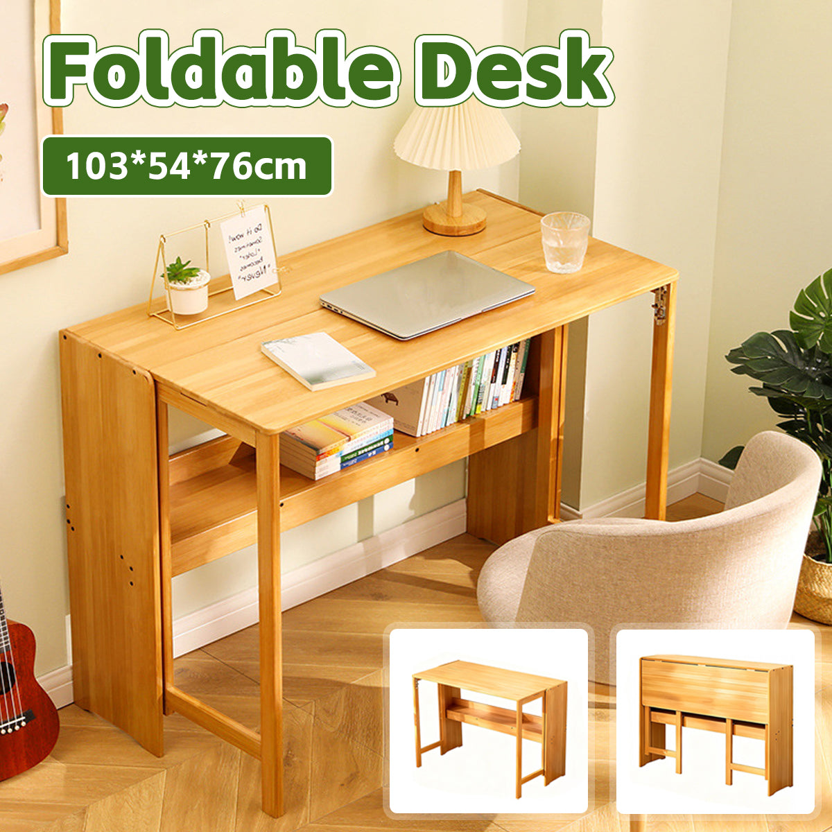 Foldable Bamboo Student Desk with Bottom Shelf