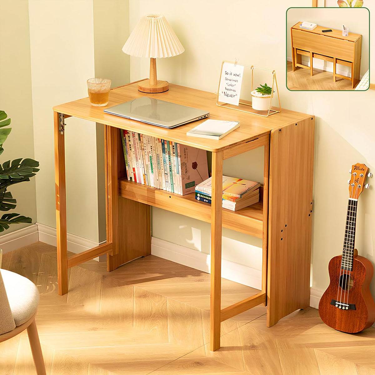 Foldable Bamboo Student Desk with Bottom Shelf