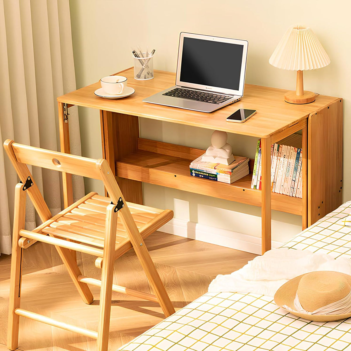 Foldable Bamboo Student Desk with Bottom Shelf